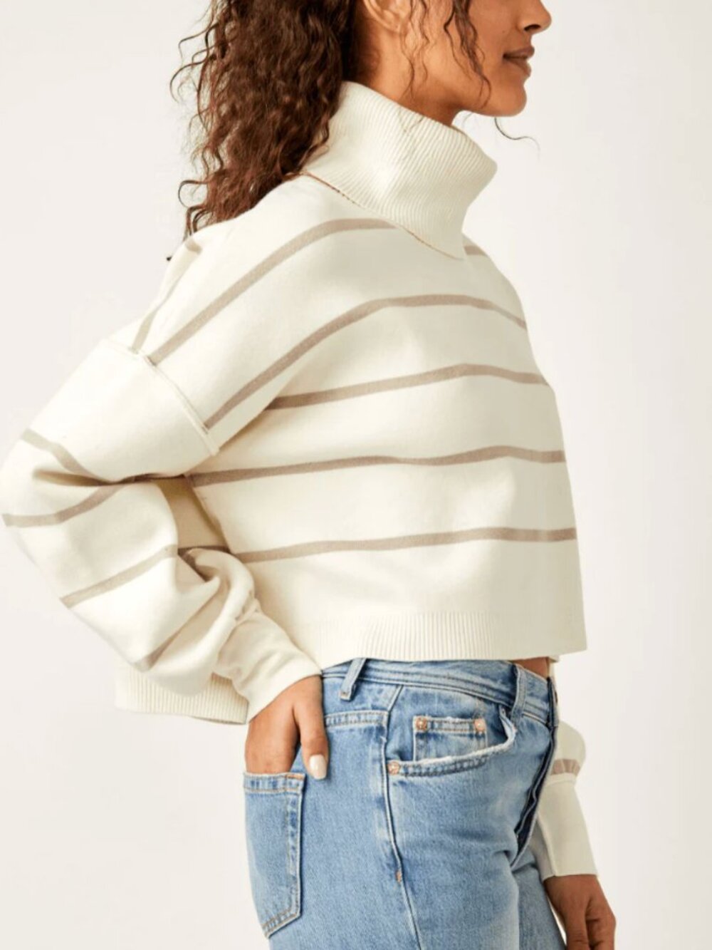Free People "Paulie" Striped Turtleneck Sweater In Cream and Tan - Size M - Picture 2 of 13